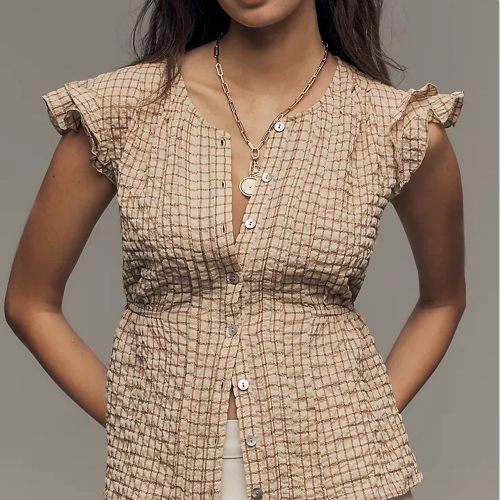 Anthropologie Pilcro Flutter Sleeve Buttondown Shirt Medium Boho Plaid Peplum